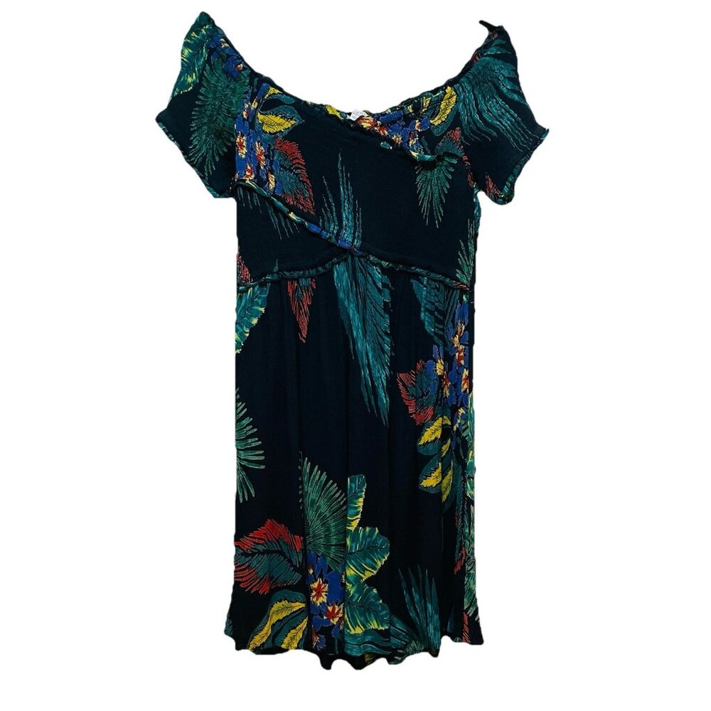 PATRONS OF PEACE Green Tropical Floral Smocked Empire Boho Dress Sz L